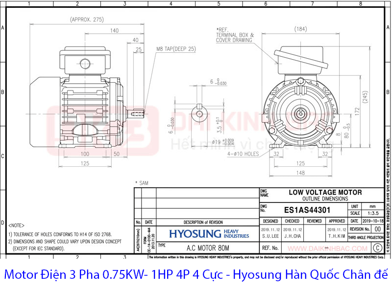 Bản vẽ Mô tơ điện 0.75Kw 1HP 4 cực 