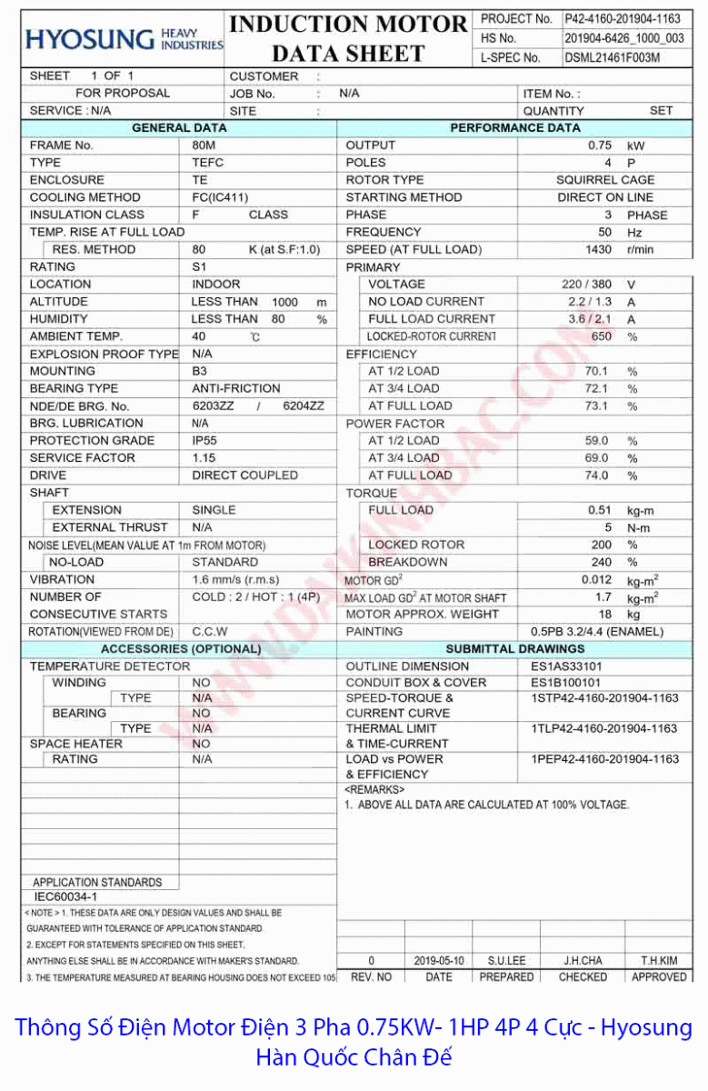Bản vẽ động cơ Hyosung 4 cực chân đế