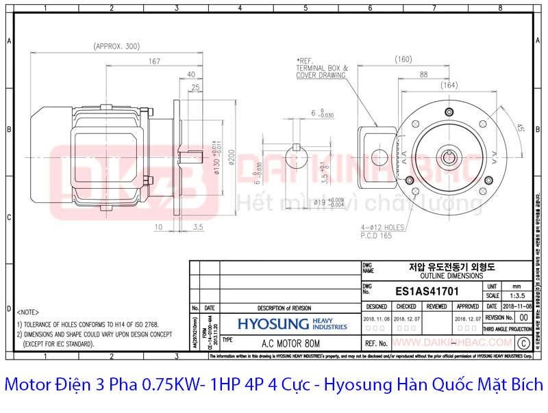 Bản vẽ motor điện 3 pha 0.75Kw 1HP hyosung mặt bích