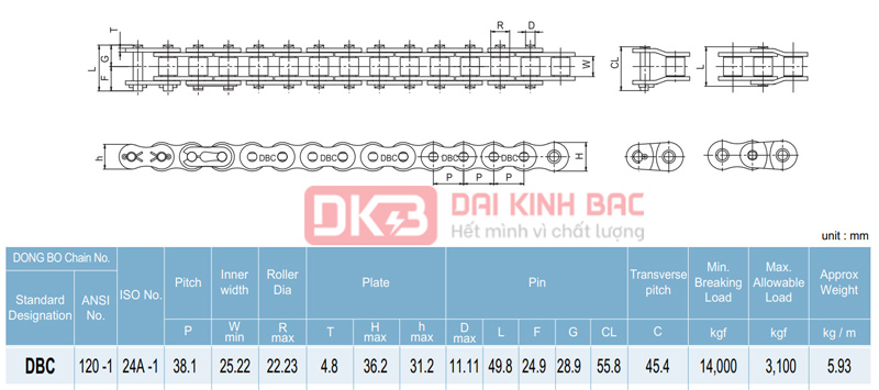 Xích Dongbo DBC 120 - Bước Xích 38.1mm Hàn Quốc