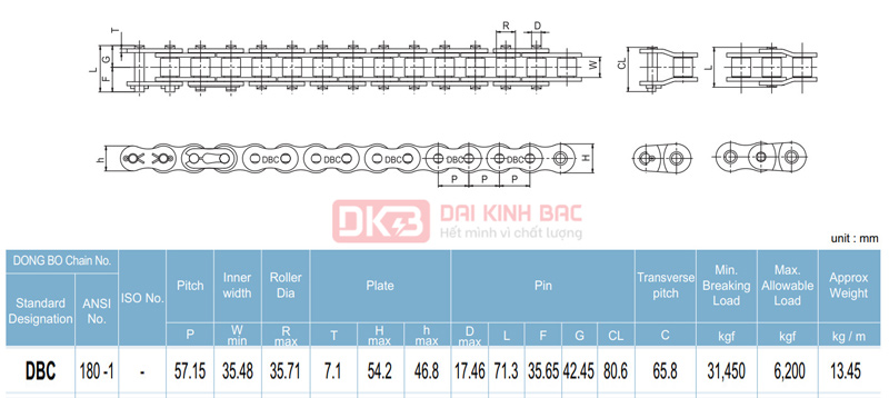 Xích Dongbo DBC 180 - Bước xích 57.15mm Hàn Quốc