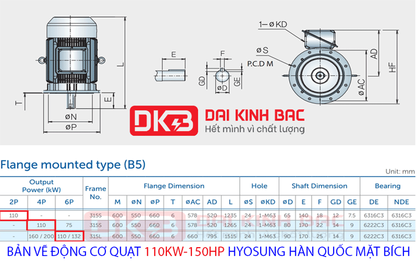 bản vẽ động cơ mặt bích 110KW 150Hp hyosung hàn quốc