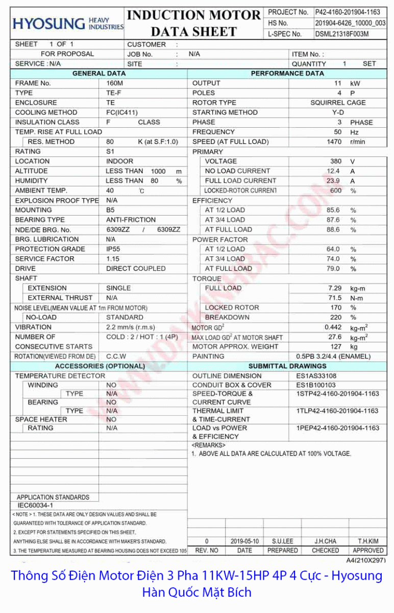 thông số điện 11Kw 4P 3pha hyosung hàn quốc