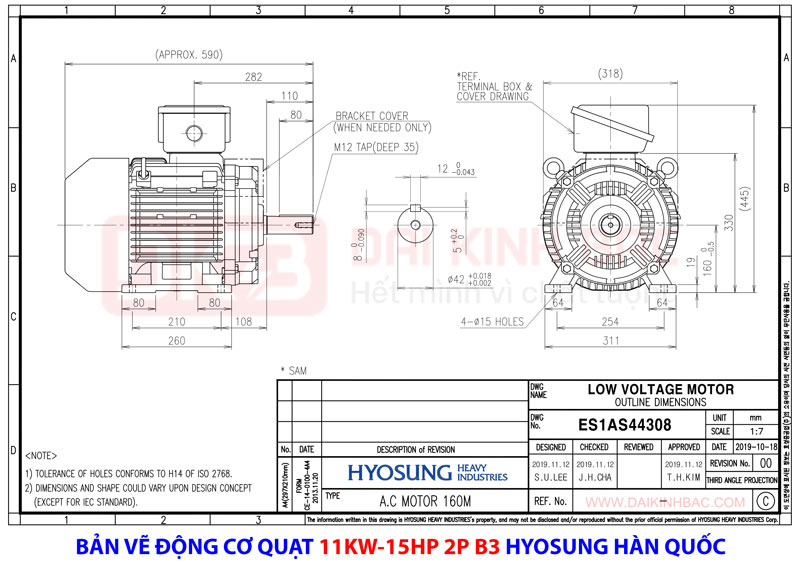 bản vẽ chi tiết động cơ điện chân đế 11kw 2p