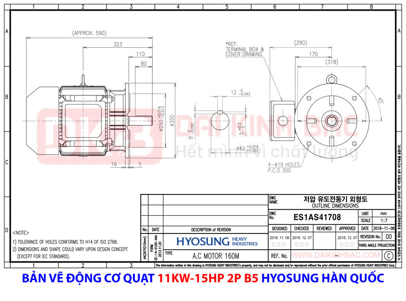 bnar vẽ chi tiết động cơ hyosung han quoc 11kw mặt bích 2P