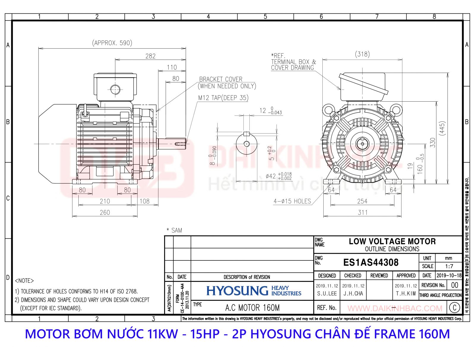 motor bom nuoc hyosung 11kw 2P chan de