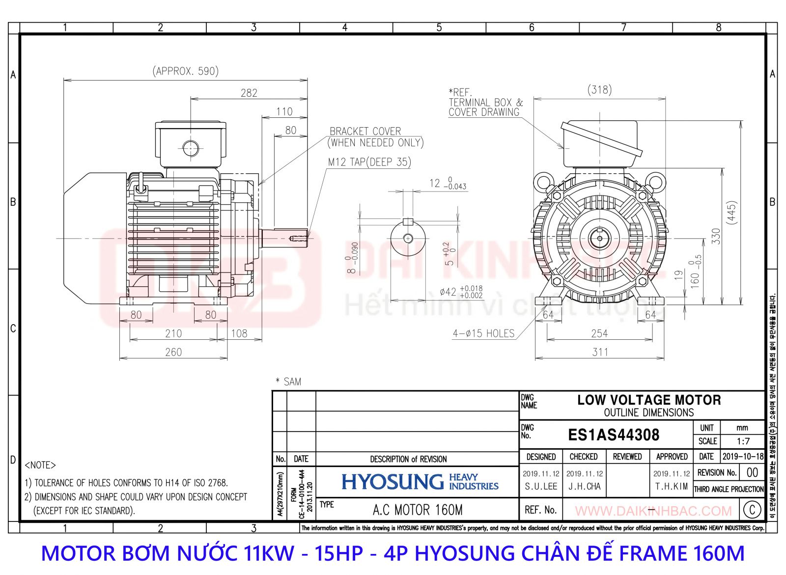 motor bom nuoc hyosung 11kw 4P chan de