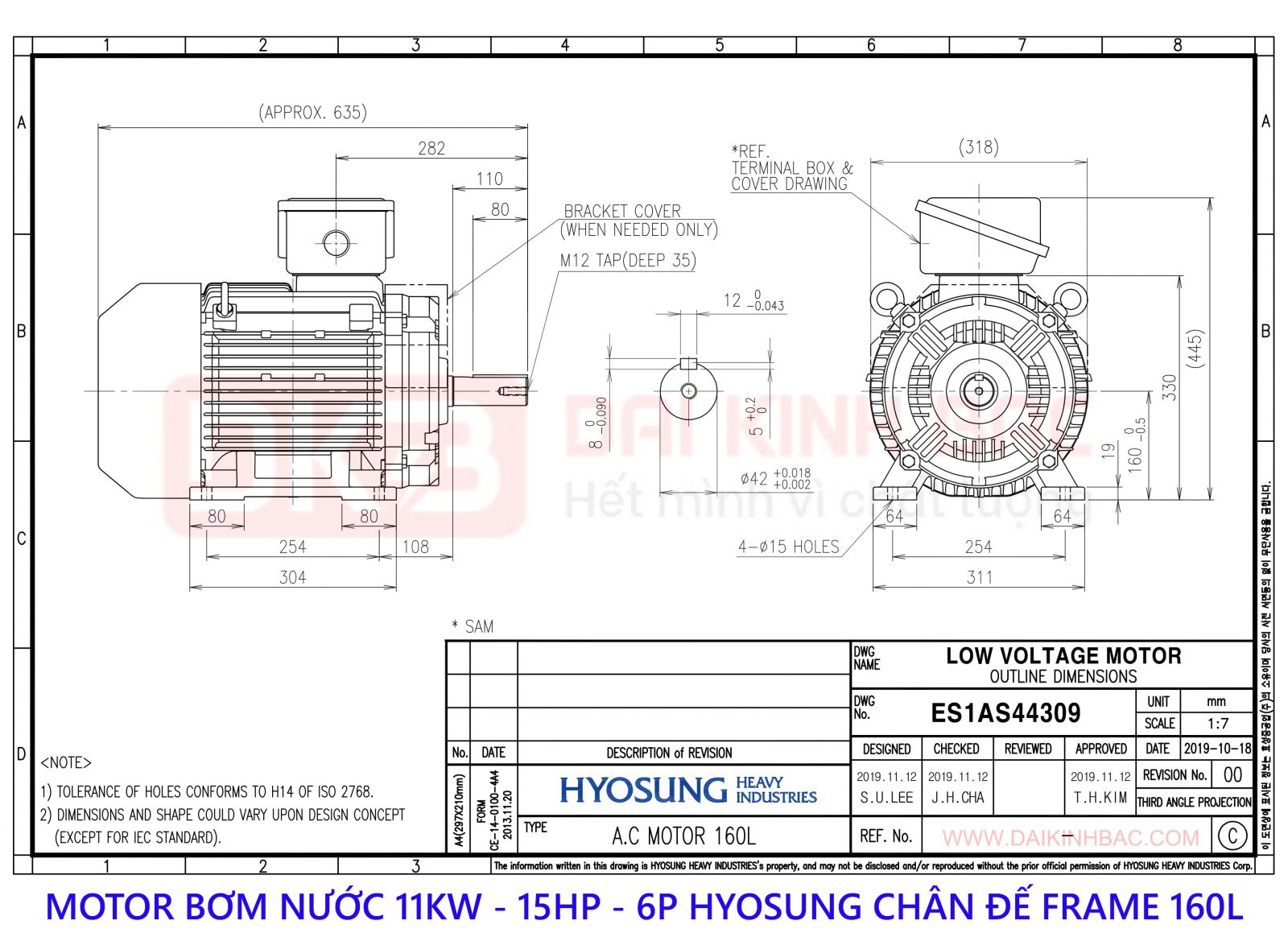 motor bom nuoc hyosung 11kw 6P chan de