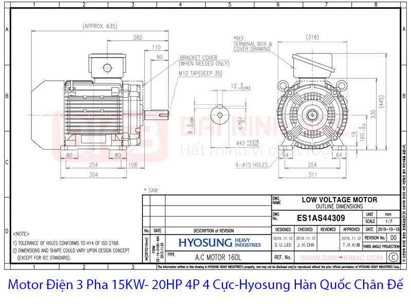 bản vẽ kiểu lăp chân đế 15Kw B3 motor điện hyosung hàn quốc