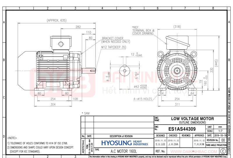 Motor Điện 3 Pha 11KW- 15HP 6P 6 Cực - Hyosung Hàn Quốc