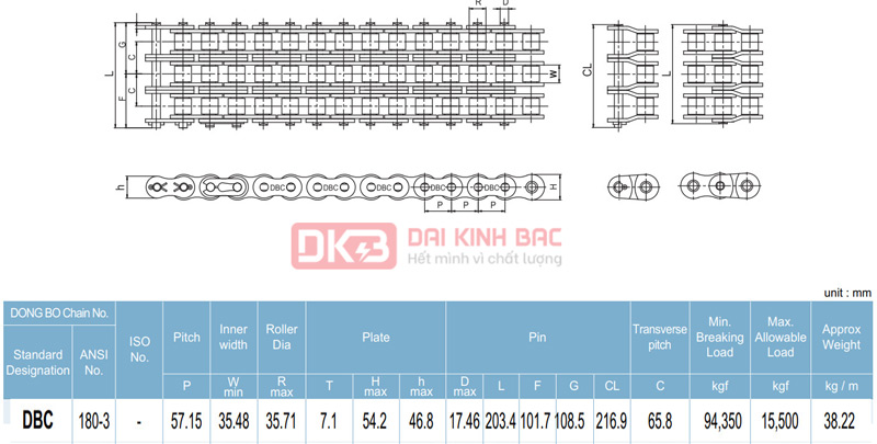 Xích Dongbo DBC 180 - Bước xích 57.15mm Hàn Quốc