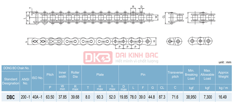 Xích Dongbo DBC 200 - Bước Xích 63.5mm Hàn Quốc