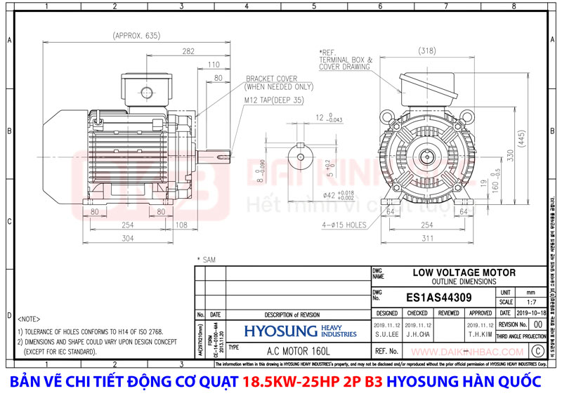 bản vẽ chi tiết động cơ hyosung hàn quốc 18.5kw 