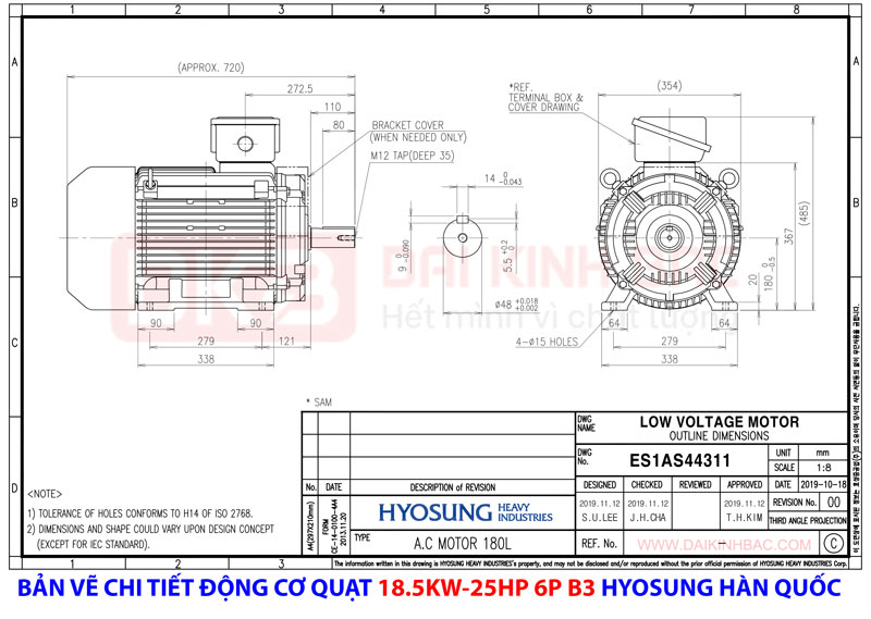 bản vẽ chi tiết động cơ chân đế 6 cực động cơ quạt hyosung hàn quốc