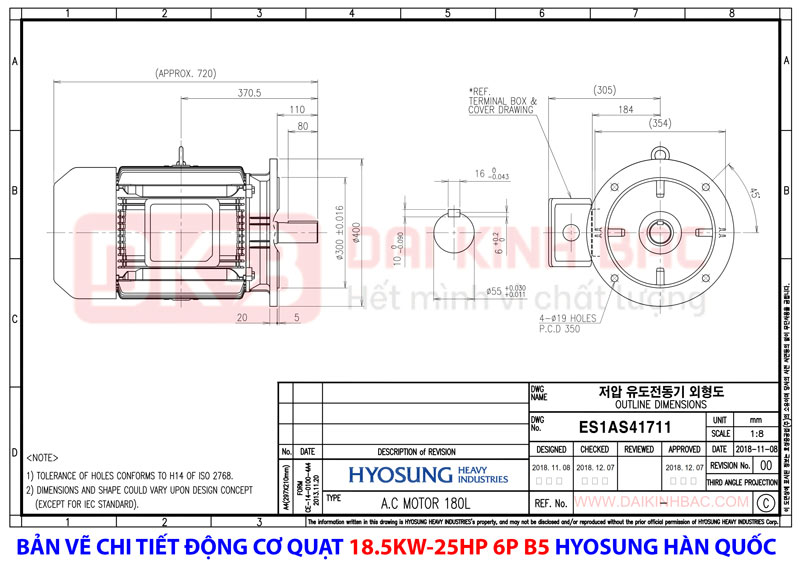 bản vẽ chi tiết động cơ hyosung hàn quốc mặt bích 6 cực 18.5kw