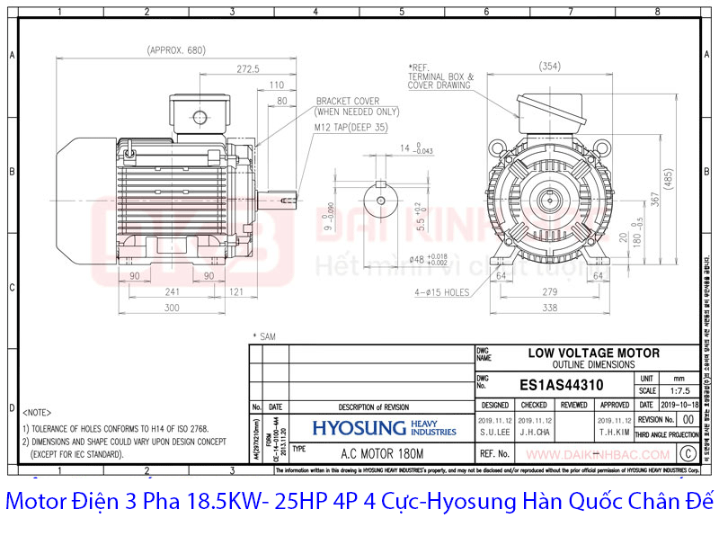 bản vẽ chân đế motor điện hyosung hàn quốc 18.5KW, 4 Cực 