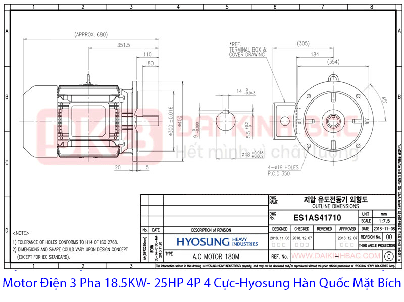 bản vẽ mặt bích motor điện hyosung hàn quốc 18.5KW, 4 Cực 