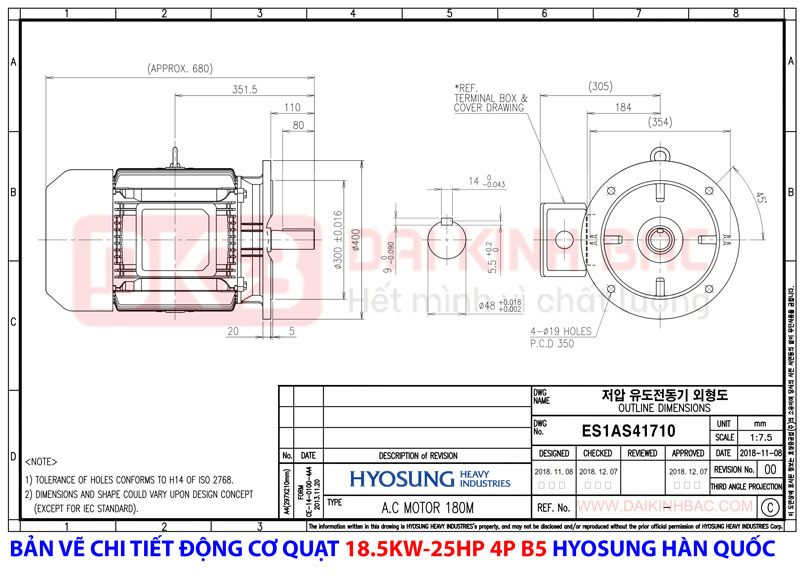 bản vẽ chi tiết động cơ quạt hyosung han quốc 4P mặt bích