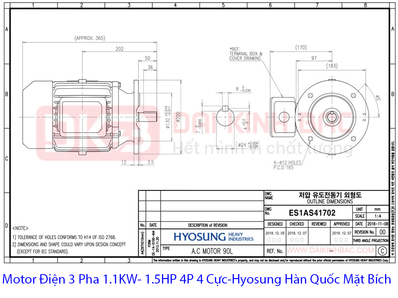 bản vẽ Motor điện B5 1.1kw 4P hyosung hàn quốc