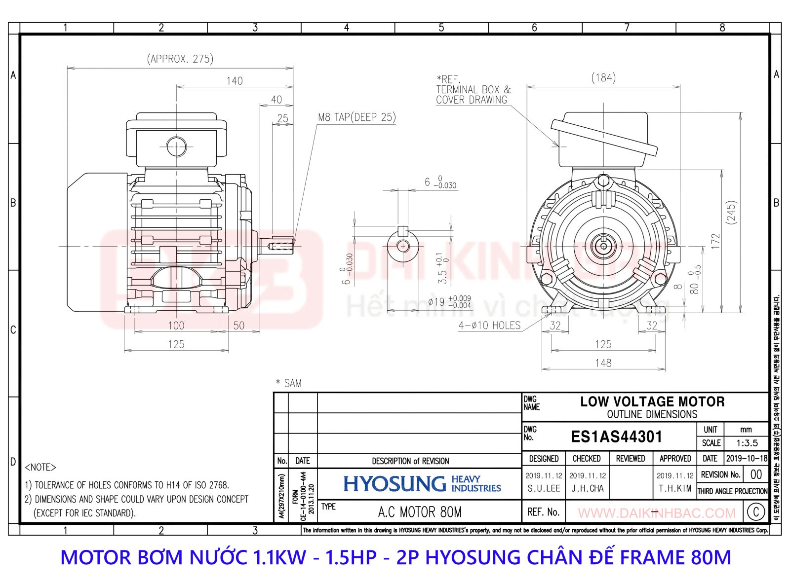 ban ve motor bom nuoc hyosung 1.1kw 2P chan de