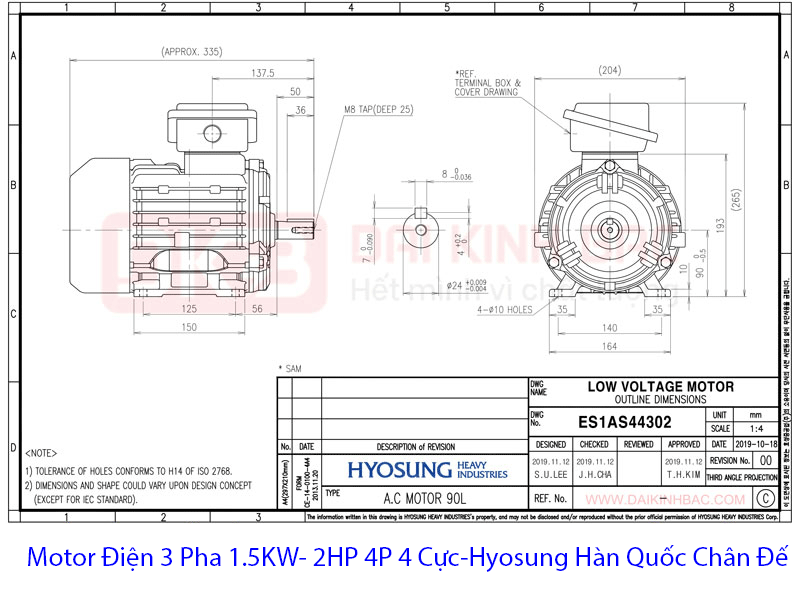 bản vẽ motor điện 1.5kw 4P B3 hyosung hàn quốc