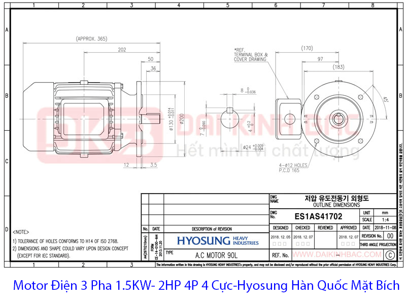 bản vẽ motor điện 1.5kw hyosung hàn quốc