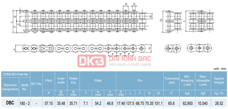 Xích Dongbo DBC 180 - Bước xích 57.15mm Hàn Quốc