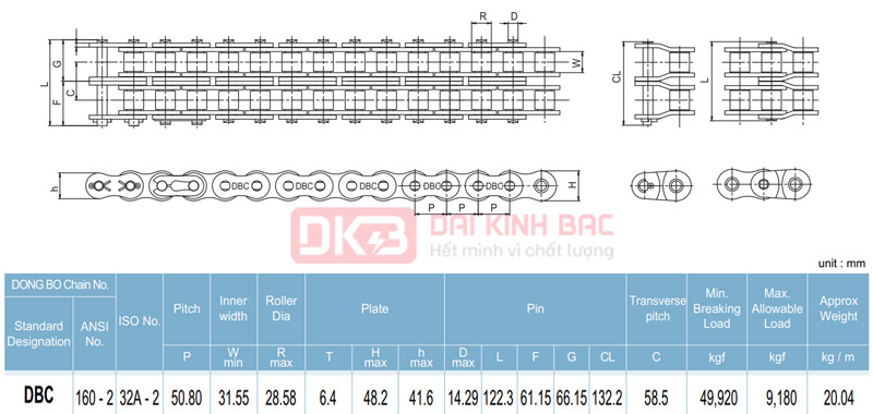 Xích Dongbo DBC 160 - Bước Xích 50.8mm Hàn Quốc