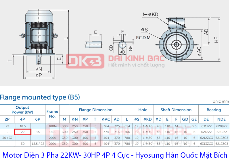 bản vẽ mặt bích Motor điện 22KW 4P hyosung hàn quốc