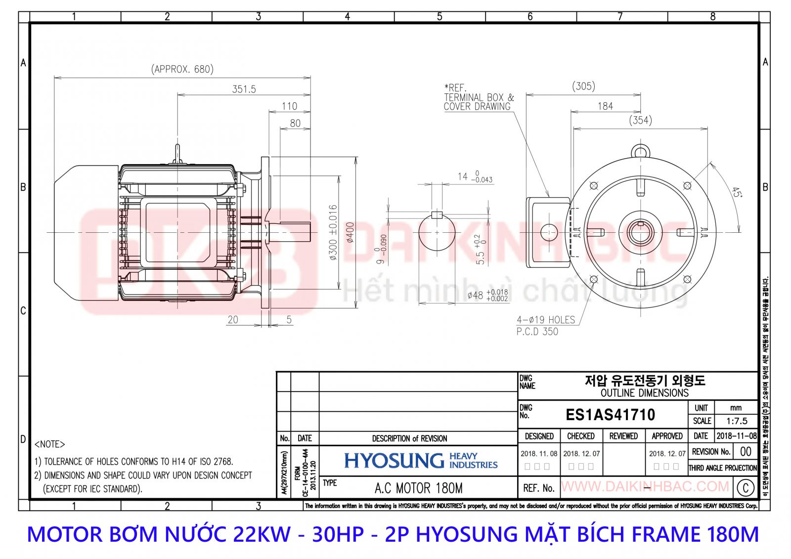 motor bom nuoc hyosung 22kw 2P mat bich