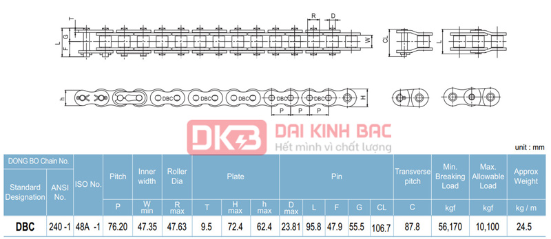 Xích Dongbo DBC 240 - Bước Xích 76.2mm Hàn Quốc