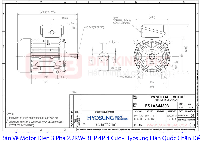 bản vẽ motor điện 2.2KW 4P 3P hyosung hàn Quốc B3