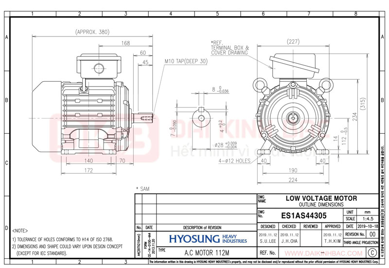 Motor Điện 3 Pha 2.2KW- 3HP 6P 6 Cực - Hyosung Hàn Quốc