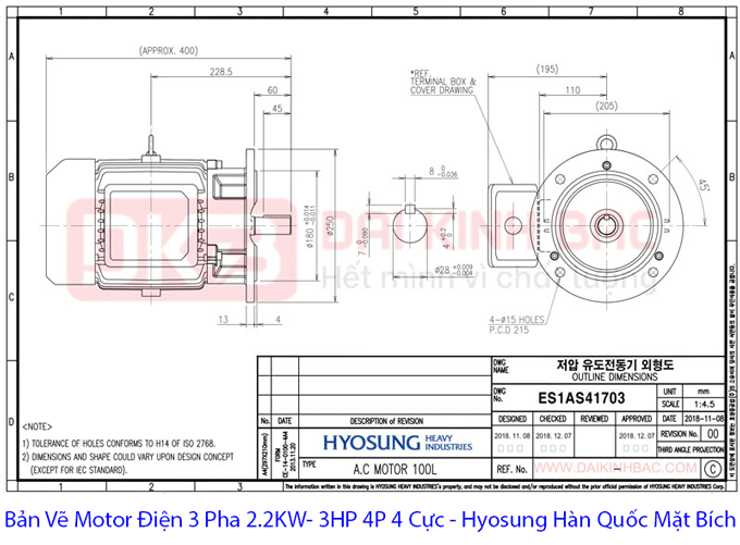 bản vẽ motor điện 2.2KW 4P 3P hyosung hàn Quốc B5