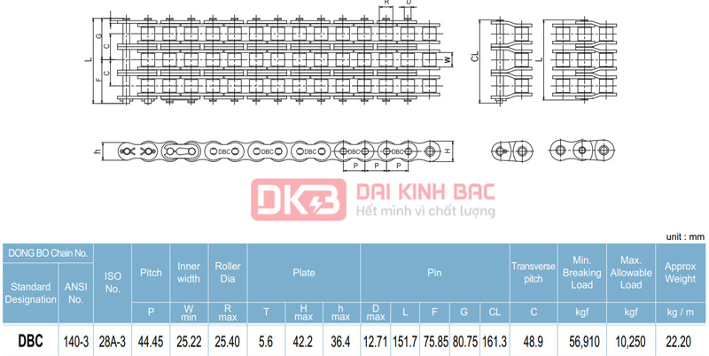Xích Dongbo DBC 140 - Bước Xích 44.45mm Hàn Quốc