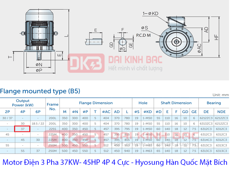 bản vẽ mô tơ điện 37Kw 4P hyosung hàn quốc mặt bích