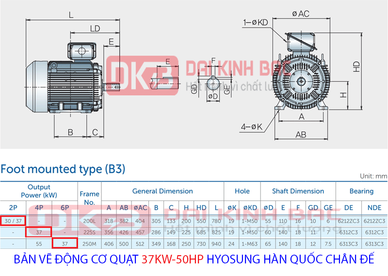 bản vẽ chi tiết thông số động cơ 37kw hyosung hàn quốc