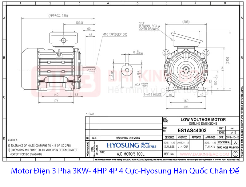 bản vẽ motor điện 3 pha hyosung hàn quốc 3Kw 4HP 3pha 4 cực