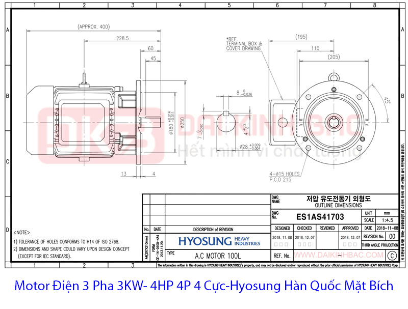 ban vẽ B5 motor điện 3 pha hyosung hàn quốc 3Kw 4HP 3pha 4 cực