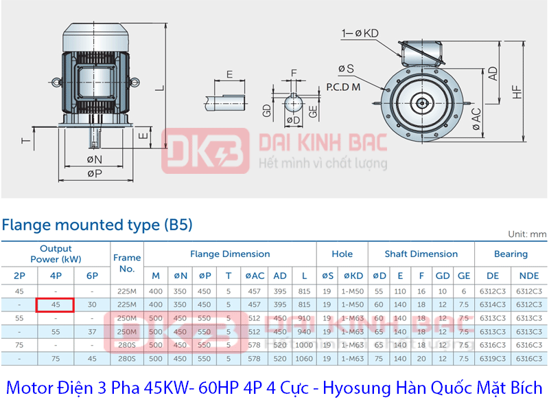 bản vẽ chi tiết motor điện mặt bích hyosung hàn quốc 45Kw