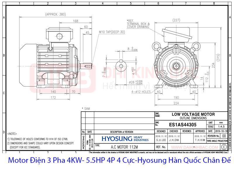 bản vẽ chân đế motor điện hyosung hàn quóc 4Kw 5.5hp