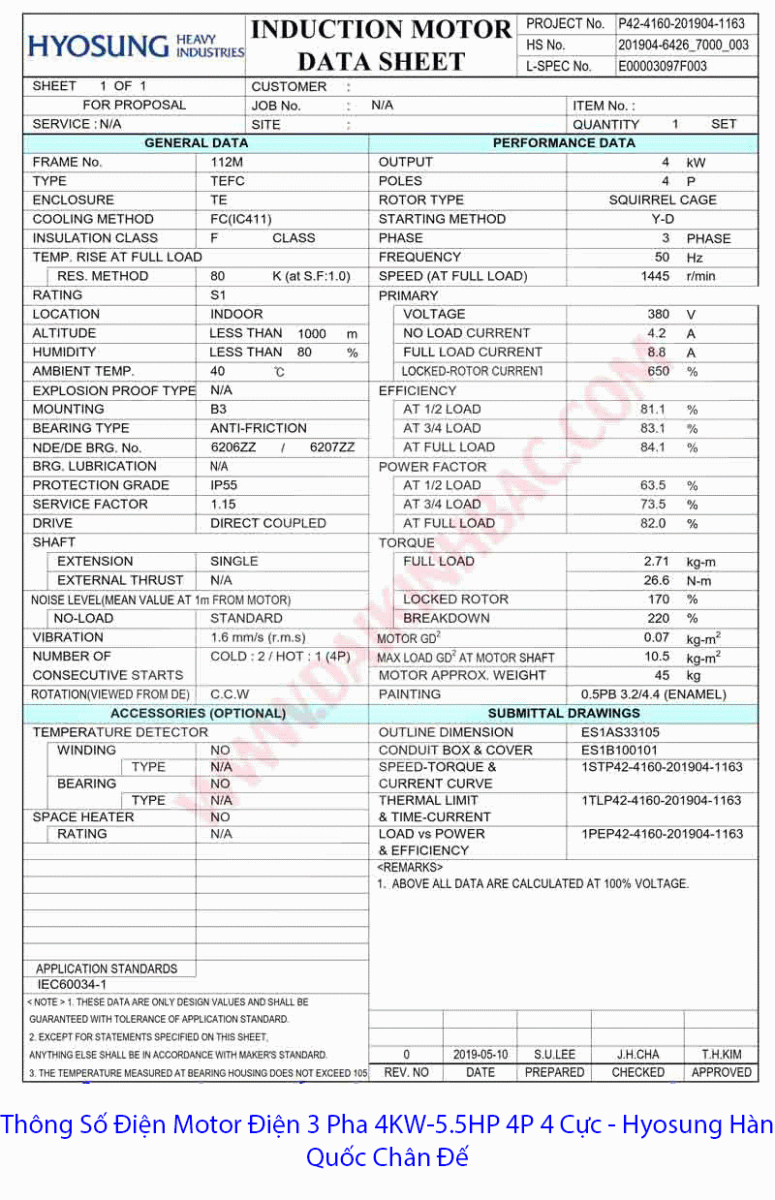 bảng thông số điện motor điện hyosung hàn quốc 4Kw