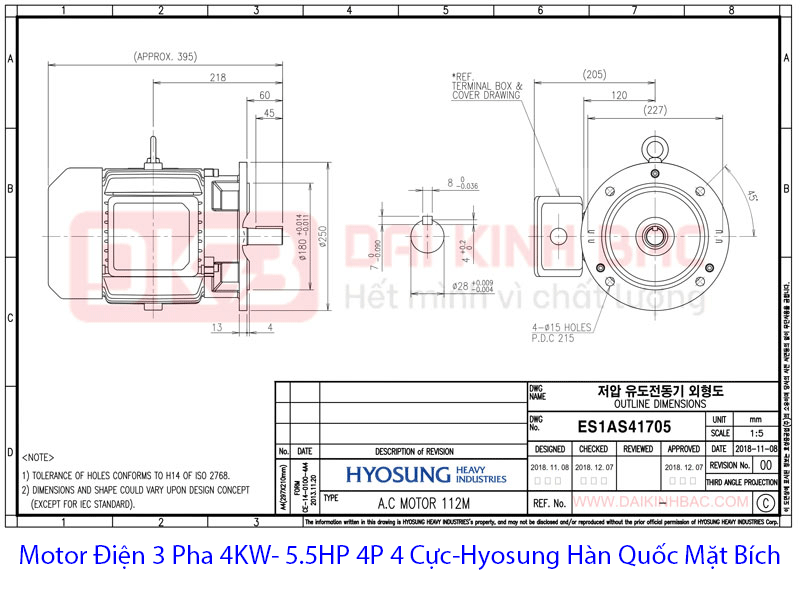 bản vẽ chi tiết motor điện 3 pha 4Kw 4P hyosung hàn quốc