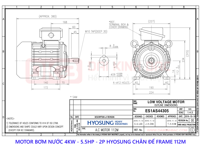 motor bom nuoc 4kw hyosung 2P chan de