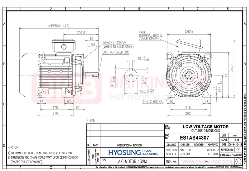 Motor Điện 3 Pha 4KW- 5.5HP 6P 6 Cực - Hyosung Hàn Quốc