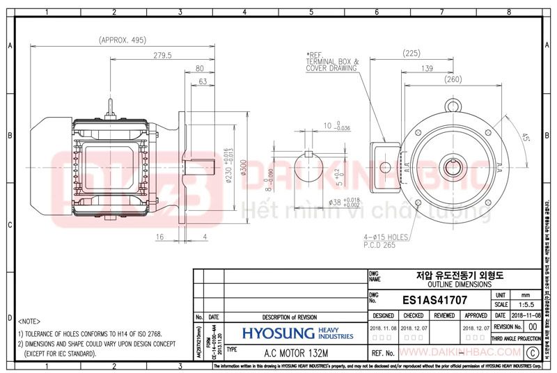 Motor Điện 3 Pha 4KW- 5.5HP 6P 6 Cực - Hyosung Hàn Quốc