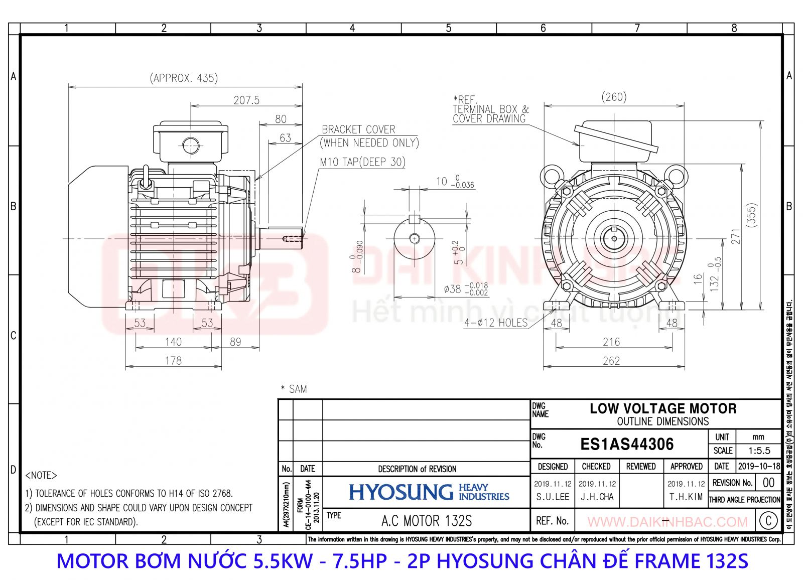 motor bom nuoc 5.5kw hyosung 2P chan de