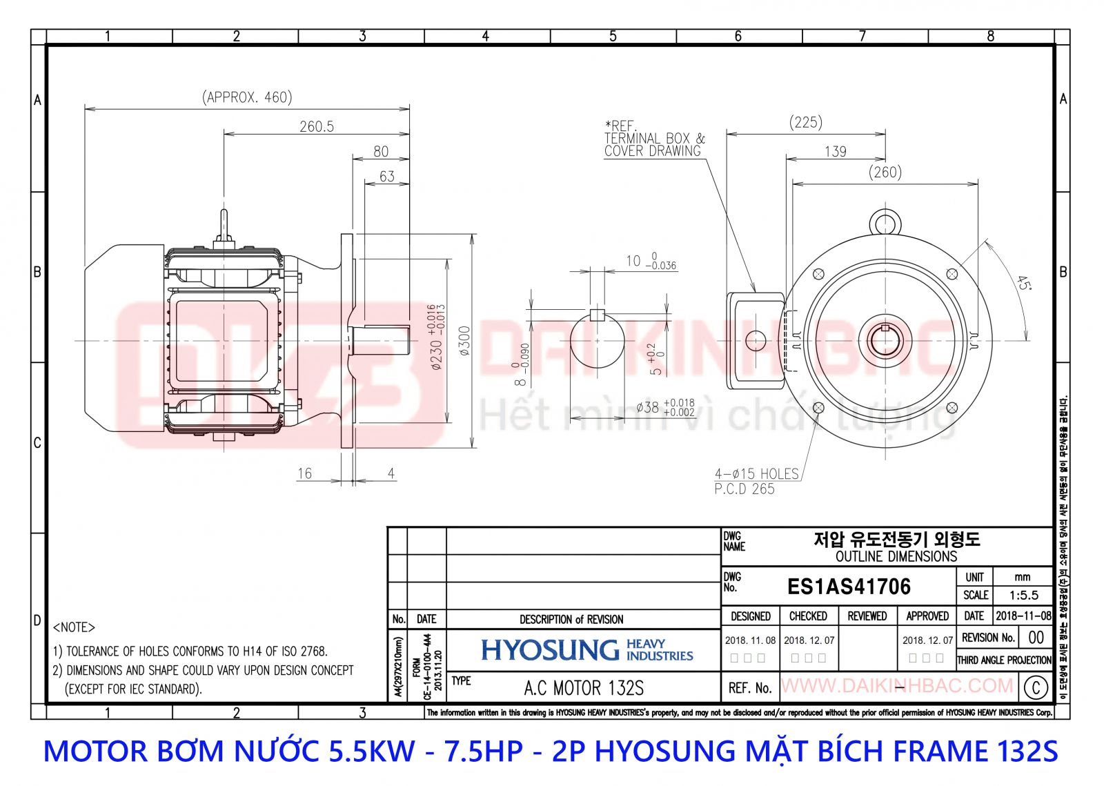 motor bom nuoc 5.5kw hyosung 2P chan de