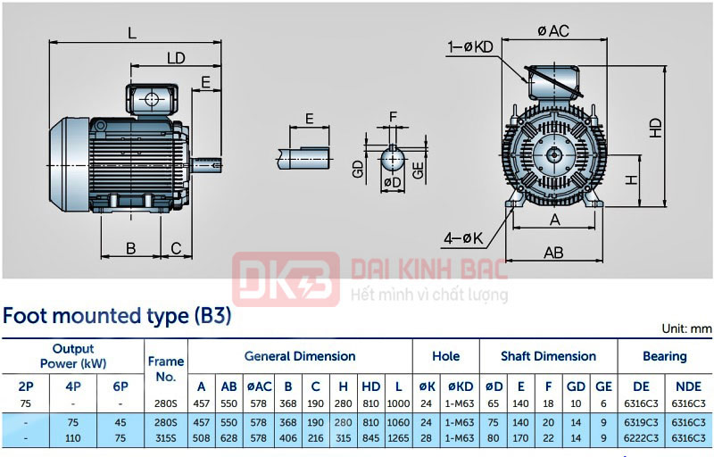 Motor Điện 3 Pha 75KW- 100HP 6P 6 Cực - Hyosung Hàn Quốc