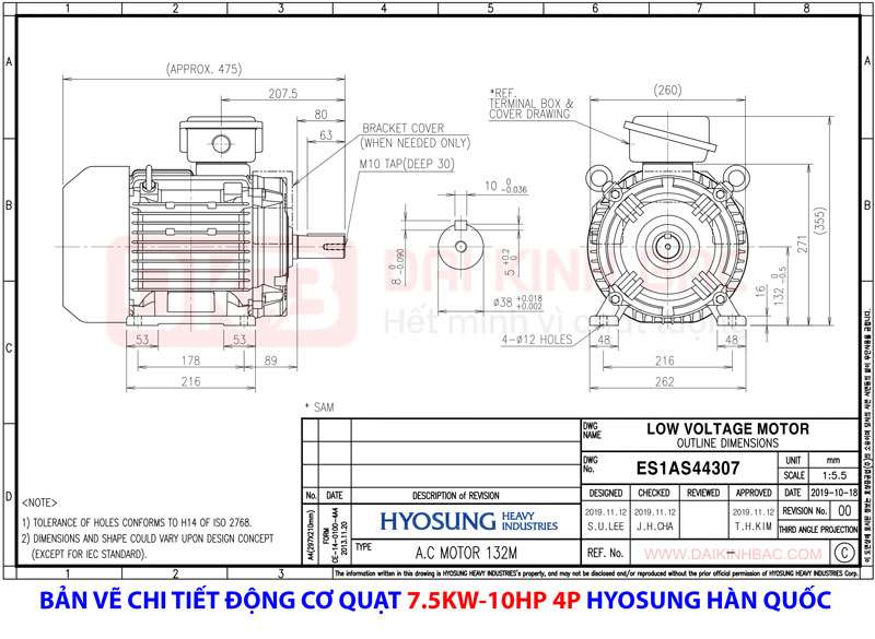 bản vẽ chi tiết động cơ 7.5kw 4P động cơ hyosung hàn quốc